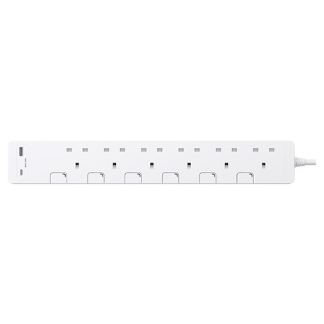 Schneider AvatarOn Exten Individual Switches Extension Socket 13A*6 With USB-A , USB-C *1 Charger Socket White/Dark Grey